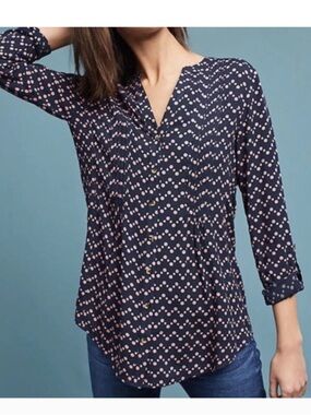Maeve(Anthropologie) Navy Blouse with Pink Dot Print